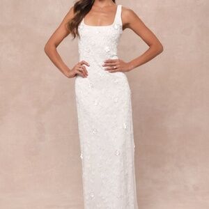 Lulus Extraordinary Glamour White 3d Floral Beaded Backless Maxi Dress - Size M